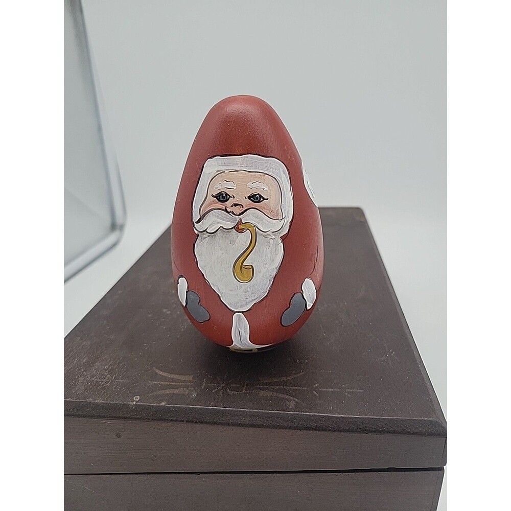 Large Wooden Handpaint Santa Egg Signed Kate DeFreitas Christmas Folk Art Pipe